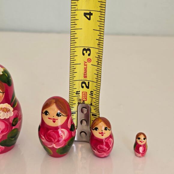 Russian Nesting Dolls Matryoshka Babushka Set of 5 Pink Gold Floral Signed Small - Picture 10 of 16